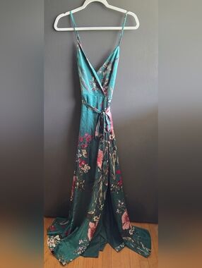 Lulu's Green Floral Wrap Maxi Dress with Self Tie